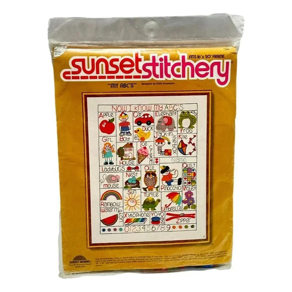 Sunset Stitchery My ABCs Sampler Sewing Kit Embroidery 16x20  Vintage New Sealed - Picture 1 of 3